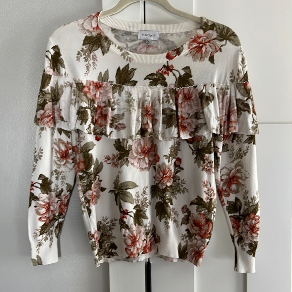 Anthropologie Harlyn Boho Floral Ruffle Lightweight Sweater Pink Olive Green S